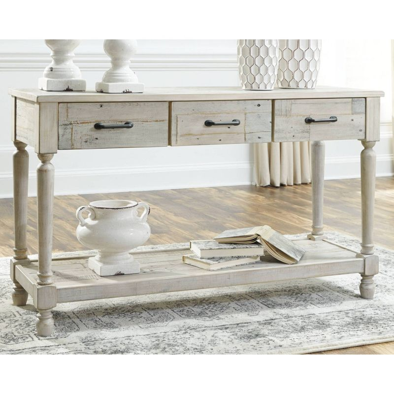 Shawnalore Sofa/Console Table Whitewash - Signature Design by Ashley: Pine Wood, Farmhouse Style, with Drawers & Shelf