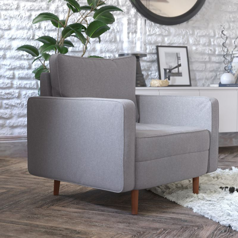 Flash Furniture Hudson Mid-Century Modern Commercial Grade Armchair with Tufted Faux Linen Upholstery & Solid Wood Legs in Slate Gray