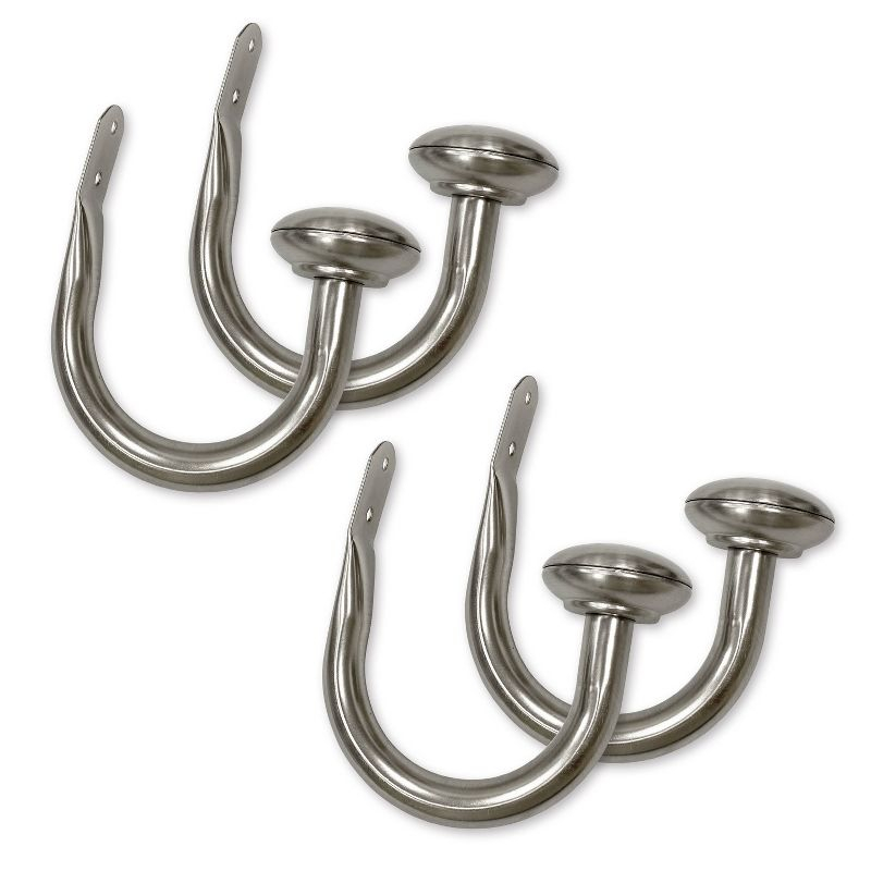 Set of 4 (5"x6.5") Steel Curtain Holdbacks in Brushed Nickel - Lumi Home Furnishings: Tieback Hooks, Rounded Cap Design