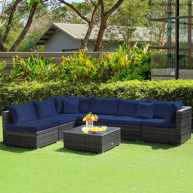 Costway 7PCS Patio Rattan Furniture Set Sectional Sofa Cushioned Garden Navy