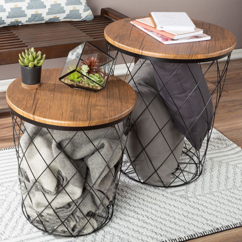 Lavish Home End Table with Storage – Set of 2 Round Nesting Tables with Diamond Pattern Wire Basket Wood Tops, Industrial Farmhouse Side Table