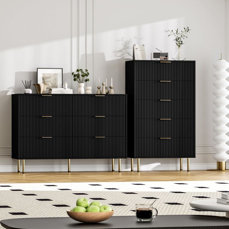 Garvee Fluted Wood Dresser 6 Drawers Dresser for Bedroom, Large Modern Chest of Drawers, Black Dresser with Gold Handle,for Living Room, Hallway
