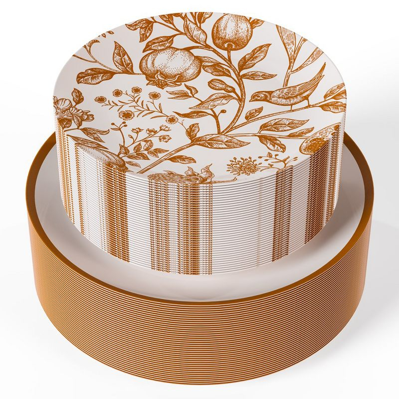 Trendables Plastic Disposable Plate Set 40 x 8" and 40 x 10" Brown and White Thanksgiving Plate with Pomegranate Design