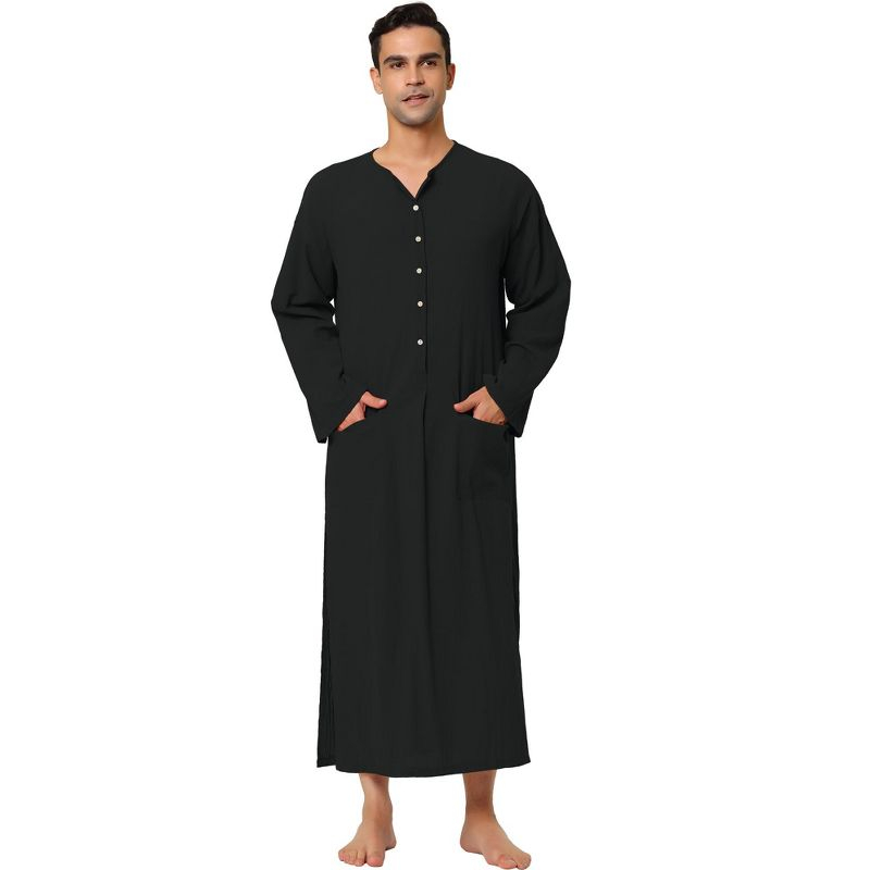 Lars Amadeus Men's Cotton Side Split Long Sleep Nightgown with Pockets Black Small
