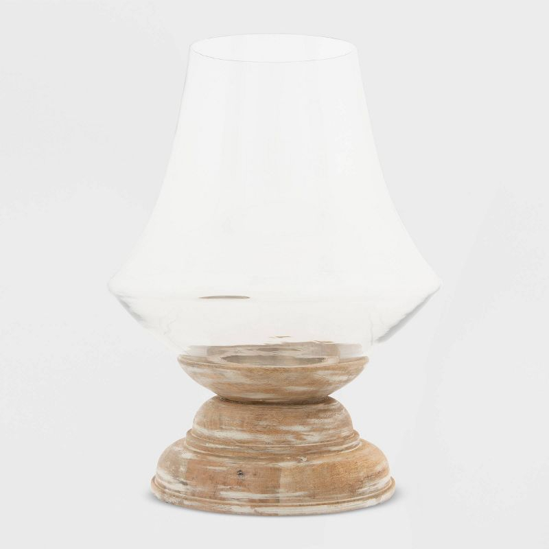 Storied Home 16" x 13" Glass Hurricane Candle Holder with Mango Wood Base Natural/Clear - Pillar Candle Compatibility, Tabletop Display