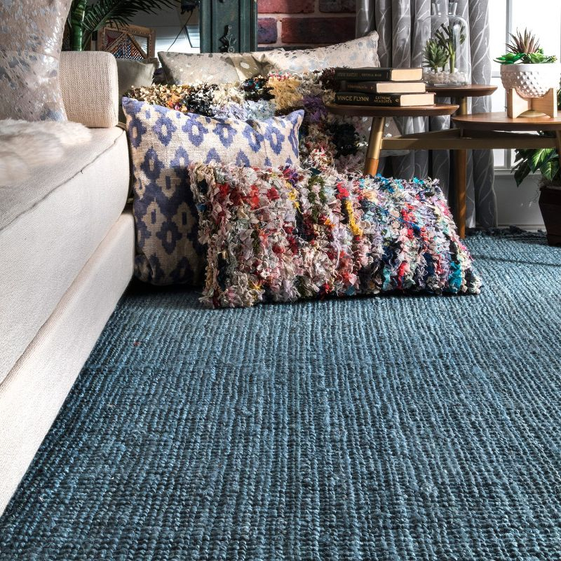 Nuloom 2x12 Daniela Jute Tassel Hand Woven Indoor Area Rug, Blue, Solid Chunky Farmhouse Design, Natural Fiber BedroomLiving Room