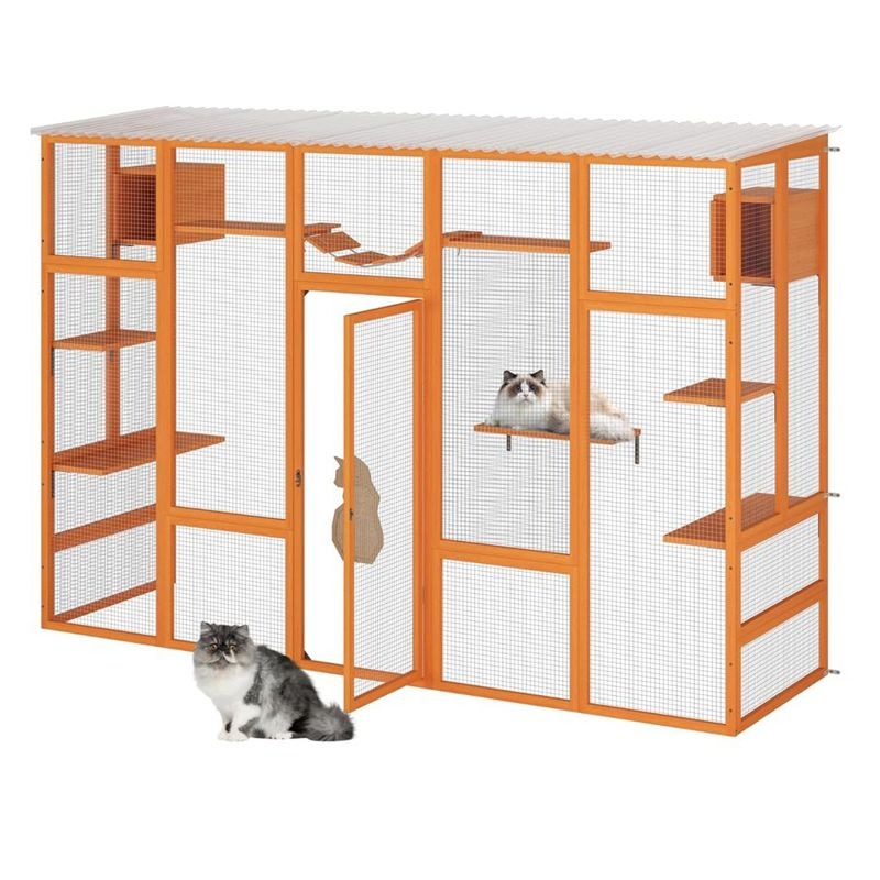 COZIWOW Outdoor Cat Enclosure, Catio Pet Safe House, 104" Extra Large Indoor Window Box with 7 Platforms, Resting Houses, and Walk-In Door, Orange