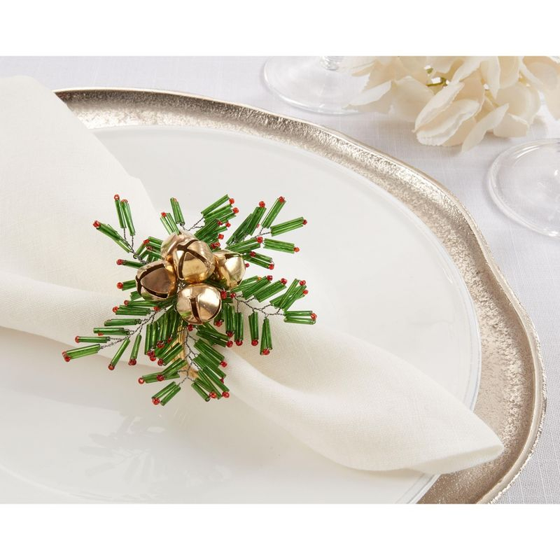 Saro Lifestyle Holiday Napkin Rings With Beaded Snowflake and Bells Design (Set of 4), Green, 4"