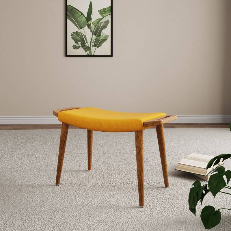 Manhattan Comfort Geta Ottoman Yellow: Upholstered Linen Footstool, Padded Seat, Ash Wood Legs