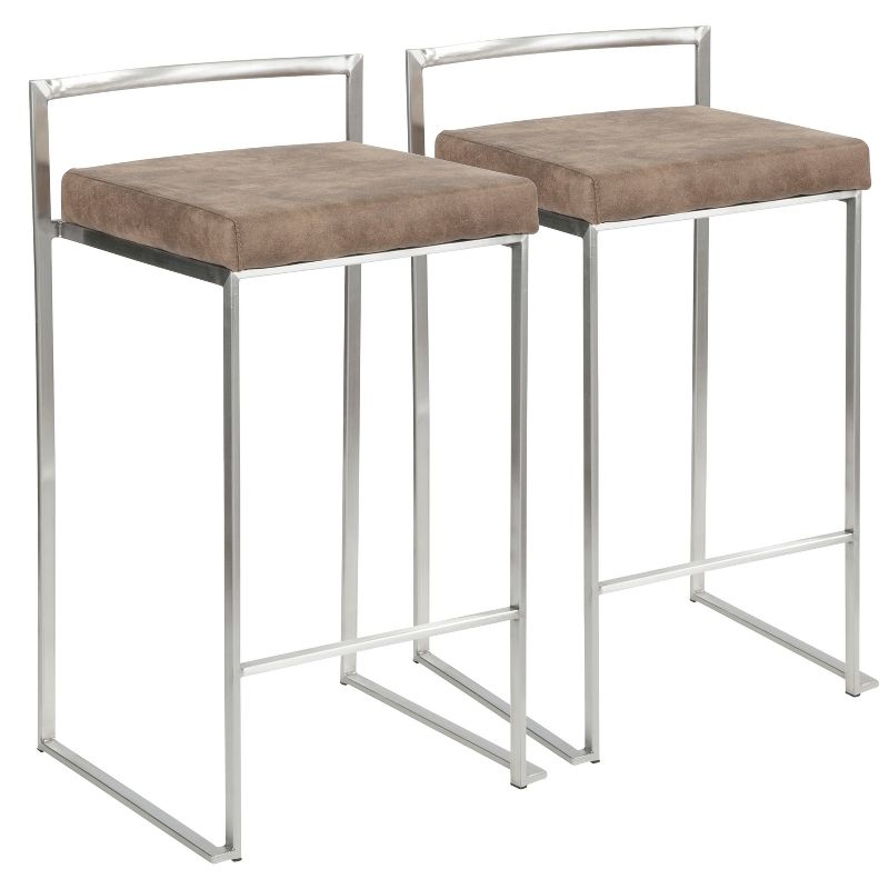 LumiSource Set of 2 26" Fuji Contemporary Stackable Counter Height Barstool Stainless Steel with Brown Cowboy Fabric Cushion: Upholstered