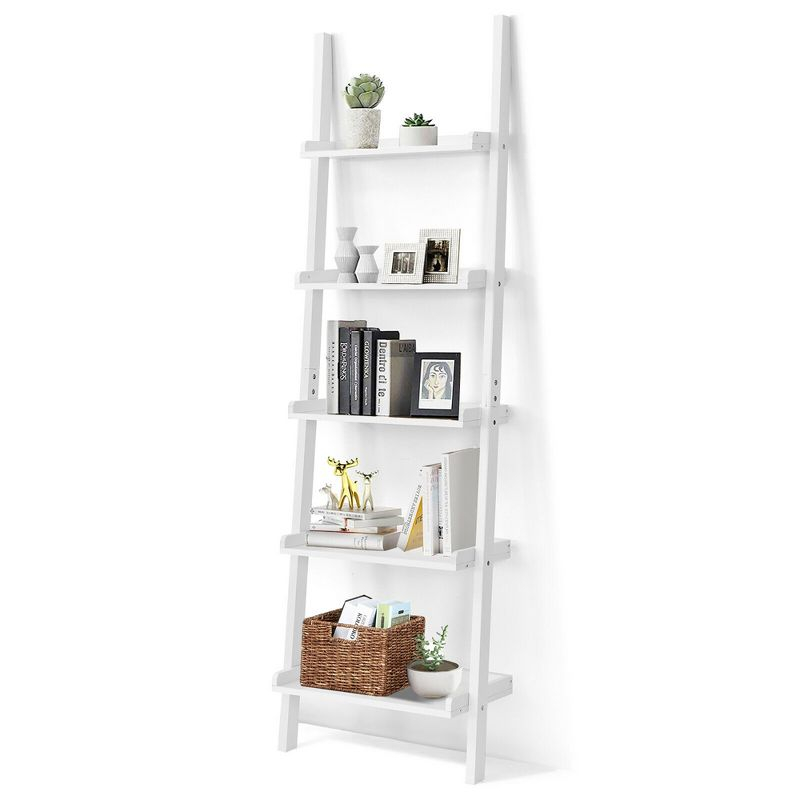 Costway Versatile White 5-Tier Bookshelf Leaning Wall Shelf Ladder  Bookcase White