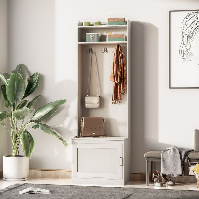 HOMCOM Rustic Hall Tree with Shoe Storage Bench, Entryway Bench with Coat Rack, Accent Coat Tree with Storage Shelves for Hallway, Mudroom, White