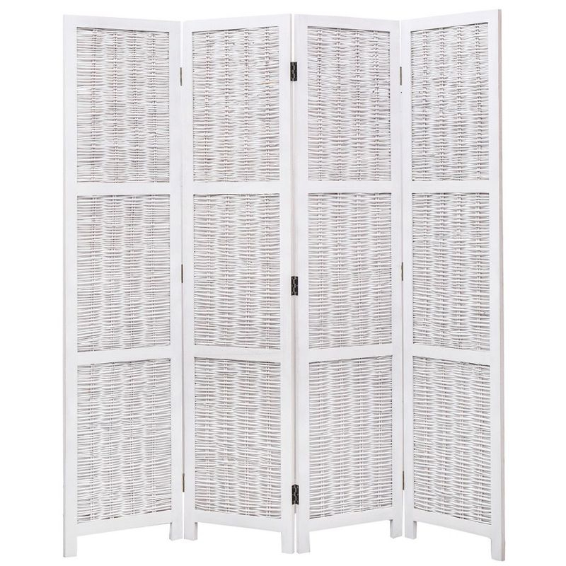 Legacy Decor 4 Panel White Color Wicker and Wood Screen Room Divider