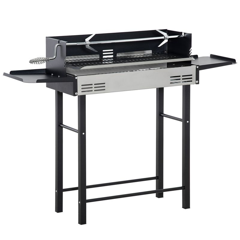 Outsunny BBQ Rotisserie Grill Roaster for Chicken or Turkey with 3-Level Grill Grate, Foldable Storage Shelves, and Wind Deflector, Stainless Steel