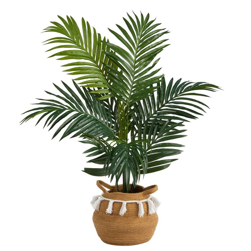 Nearly Natural 4-ft Kentia Palm Artificial Tree in Boho Chic Handmade Natural Cotton Woven Planter with Tassels