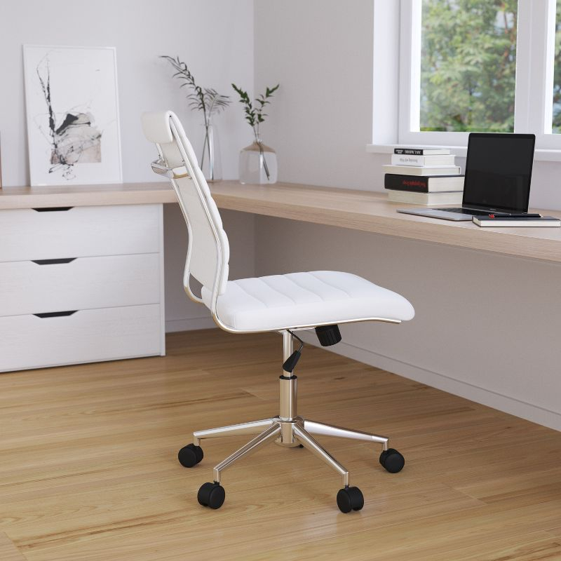 Merrick Lane White Ergonomic Swivel Office Chair Ribbed Faux Leather Back and Seat Mid-Back Armless Computer Desk Chair with Chrome Base