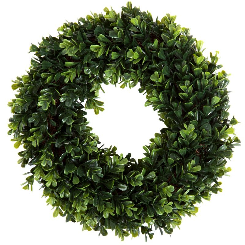 Artificial Boxwood Wreath - 12 Inch UV-Resistant Plastic Front Door Wreath and Window Decor for Spring and Summer by Pure Garden (Green)