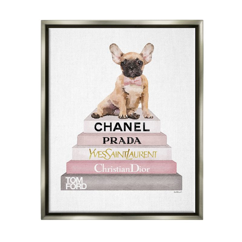 Stupell Industries Watercolor High Fashion Bookstack French Bulldog Gray Floater Framed Canvas Wall Art, 16 x 20