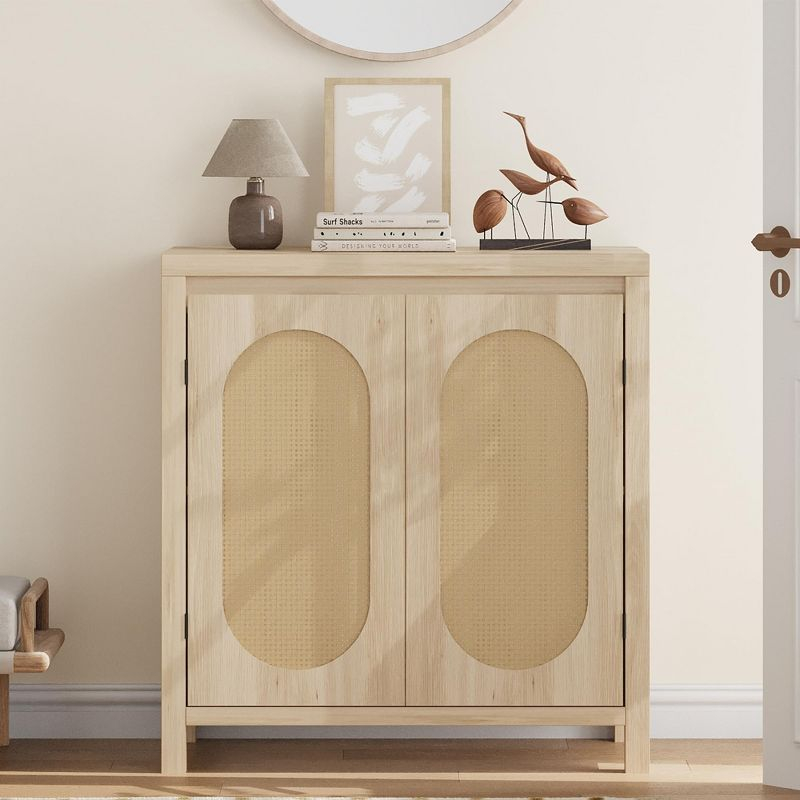 Rattan Storage Cabinet, Wooden Sideboard Buffet Cabinet with Doors and Shelves, Small Console Cabinet with Storage