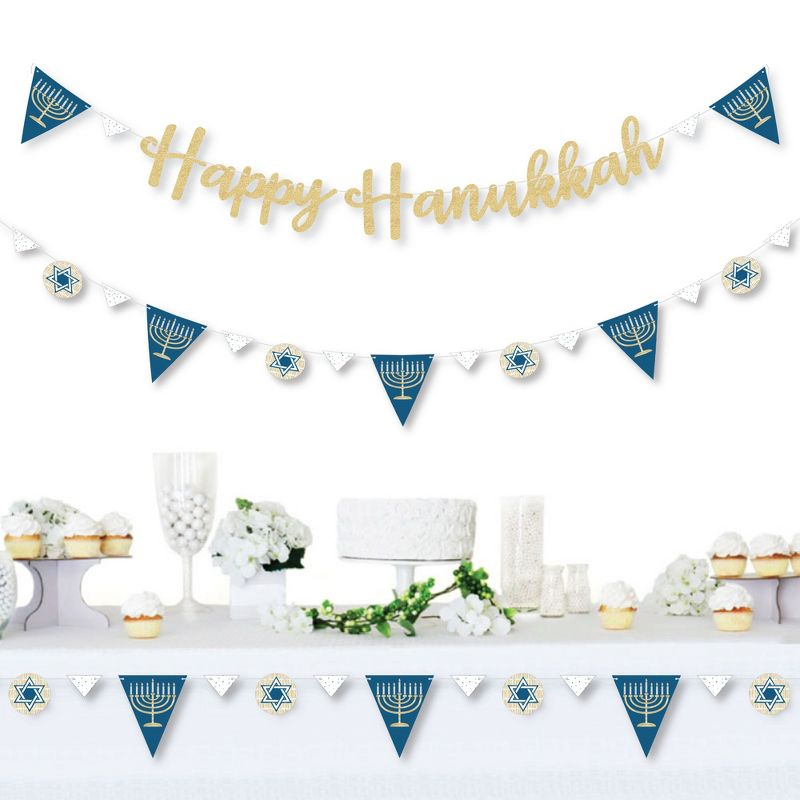 Big Dot of Happiness Happy Hanukkah - Chanukah Letter Banner Decoration - 36 Banner Cutouts & No-Mess Real Gold Glitter Happy Hanukkah Banner Letters