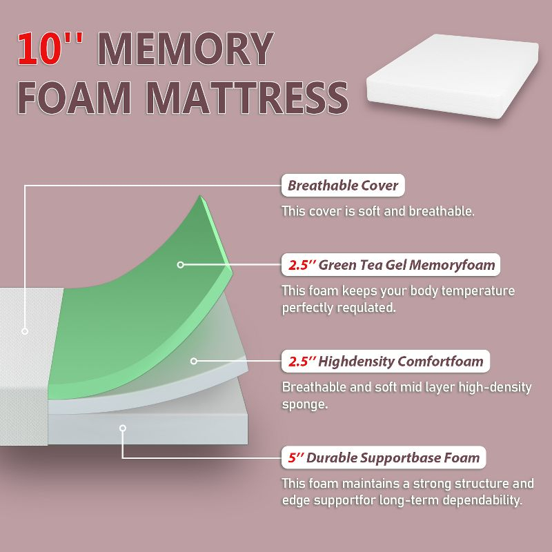 FDW 10 Inch Green Tea Memory Foam Mattress Cooling Gel Infused Mattress,Medium Firm Mattresses Fiberglass Free/CertiPUR-US