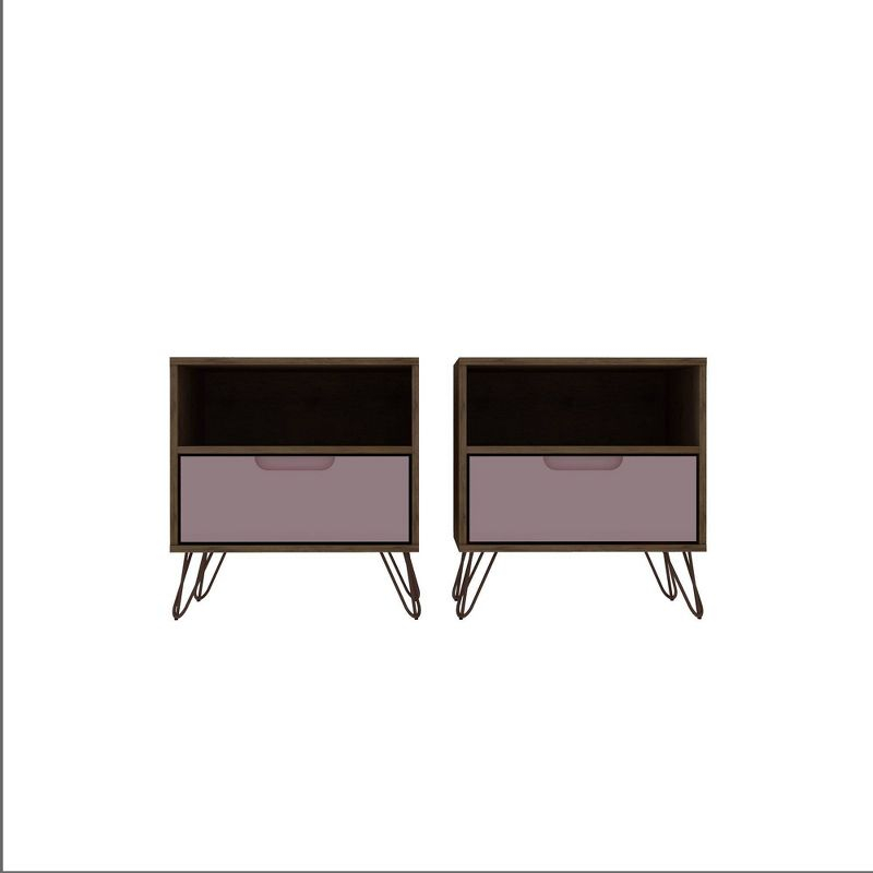 Set of 2 Rockefeller 1 Drawer Nightstands Nature/Rose Pink - Manhattan Comfort: Mid-century Design, Metal Legs, MDF