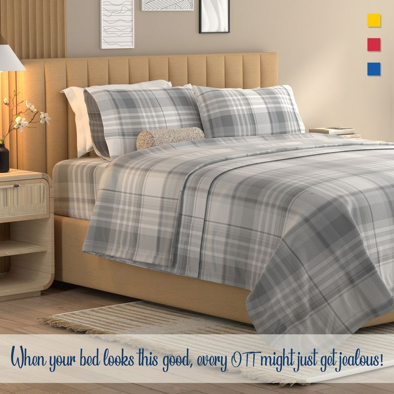 Color Sense 100% Cotton Percale Cool & Crisp 3-Piece Sheet Set Twin Hudson Plaid Grey