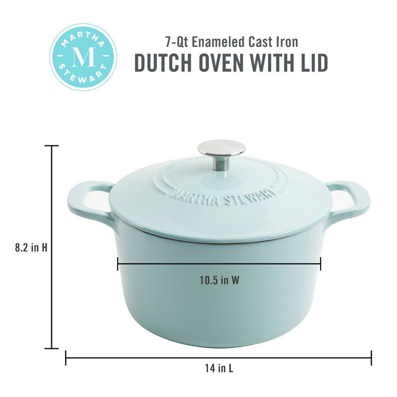 Martha Stewart Gatwick 7qt Enamel Cast Iron Dutch Oven Blue: 7 Quart Pot, Oven-Safe, Smooth Surface Compatible