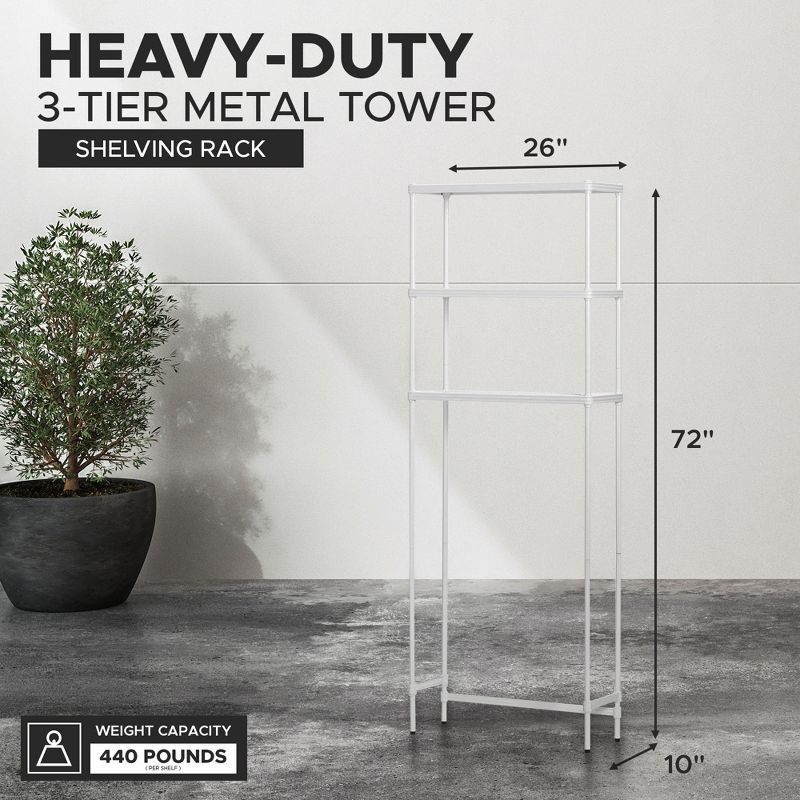 Design Ideas MeshWorks 3 Tier Full Size Metal Tower Bathroom Storage Shelving Unit Rack for Over the Toilet Organization, 26" x 9.8" x 70.3", White