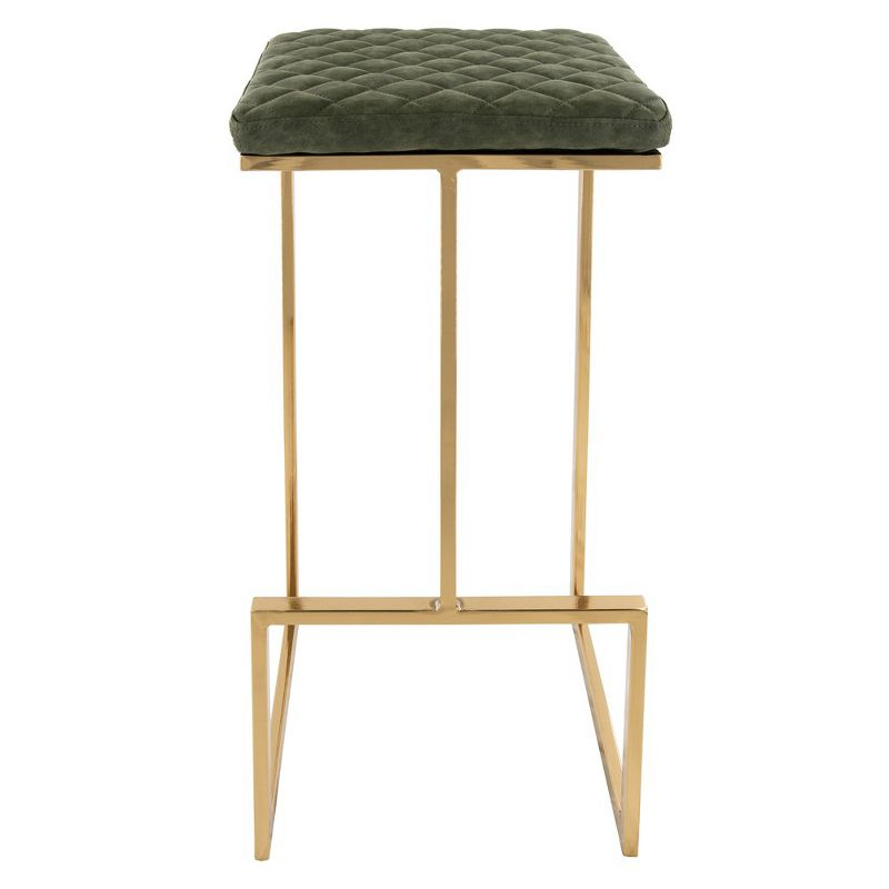 LeisureMod Quincy Quilted Leather Bar Stool with Gold Metal Sled Base, Counter Height Chair for Kitchen Island