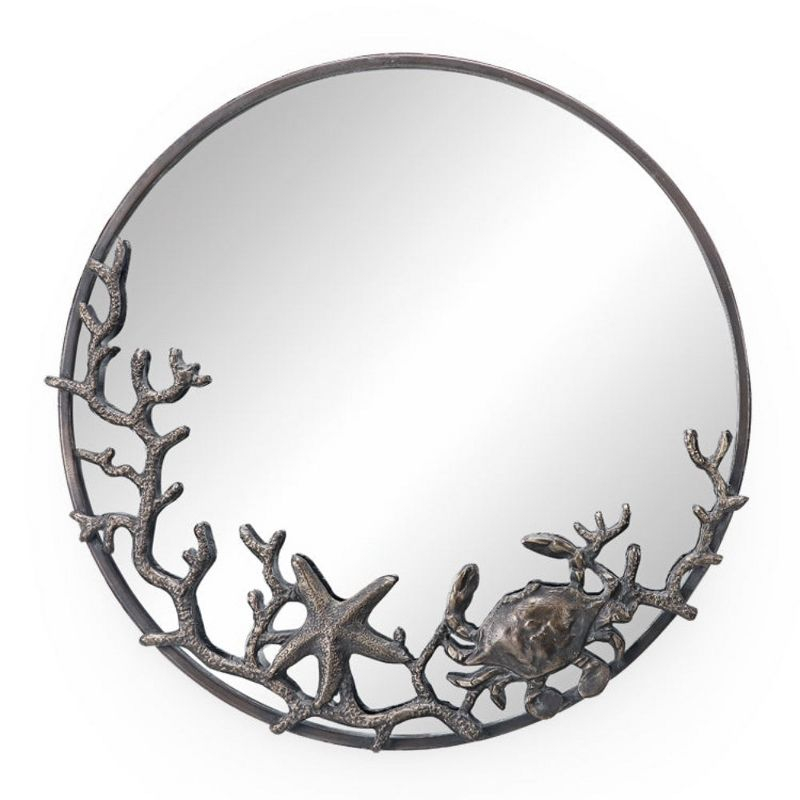 SPI Home Starfish and Crab Wall Mirror – 22" Round Cast Iron Frame with Coastal Marine Design, Rustic Bronze Sea Life Decor