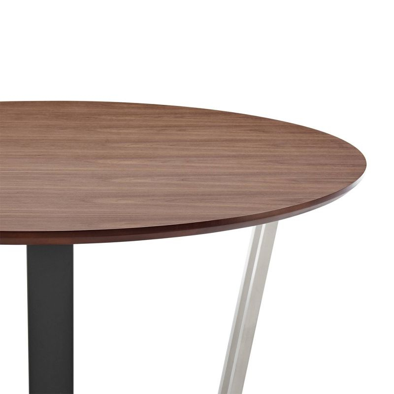 Armen Living 48" Joana Round Brushed Stainless Steel Iron Base with Tabletop Dining Table Black/Walnut