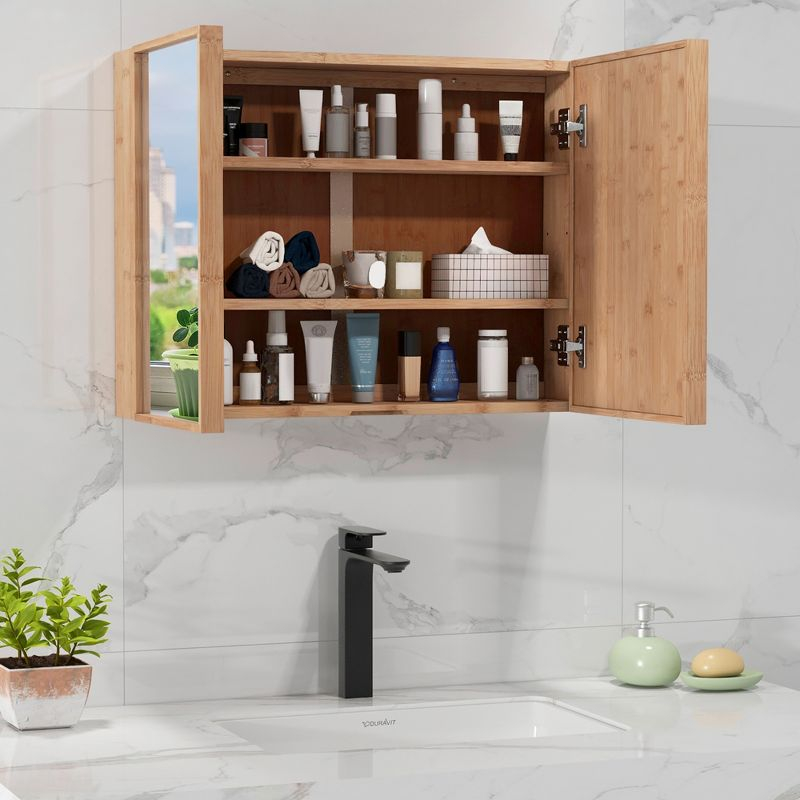 Tangkula Double Door Medicine Cabinet w/ Mirror 2 Adjustable Cabinet Shelves Natural