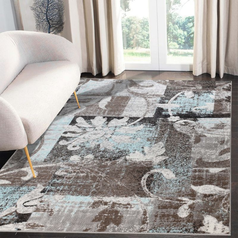 Contemporary Floral Patchwork Indoor Area Rug, 4'x6', Brown-Turquoise - Blue Nile Mills
