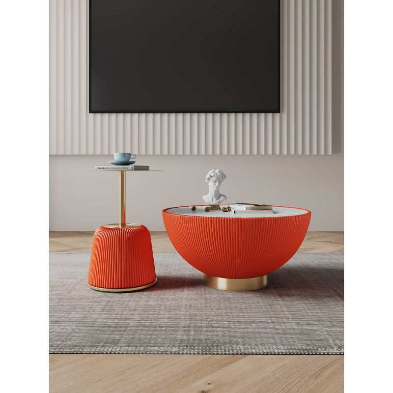 Manhattan Comfort 2pc Anderson Leatherette Upholstered Coffee Table and End Table with Metal Top Set Orange: Stainless Steel & Faux Marble