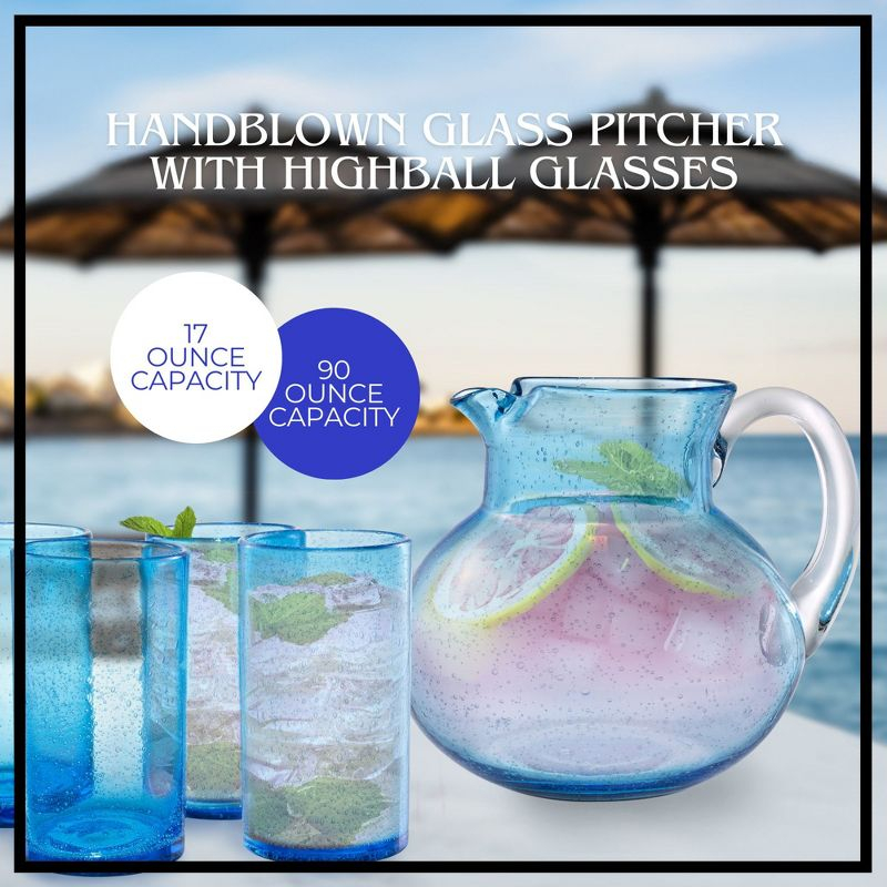 Artland Iris 90oz Hand Blown Pitcher & Set of 4 17oz Highball Glasses, Unique Bubble Design, Lead-Free Glass for Serving Beverages - Turquoise