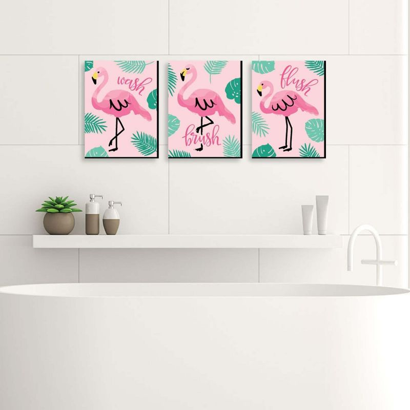 Big Dot of Happiness Pink Flamingo - Kids Bathroom Rules Wall Art - 7.5 x 10 inches - Set of 3 Signs - Wash, Brush, Flush