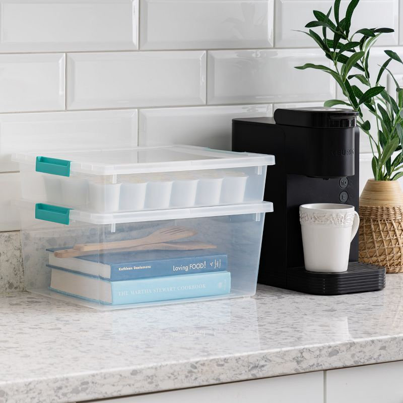 IRIS USA 12 Qt. Large Deep Clip Box, 4 Pack, Clear Plastic Storage Container Bins with Latching Lids, Seafoam Blue Buckles