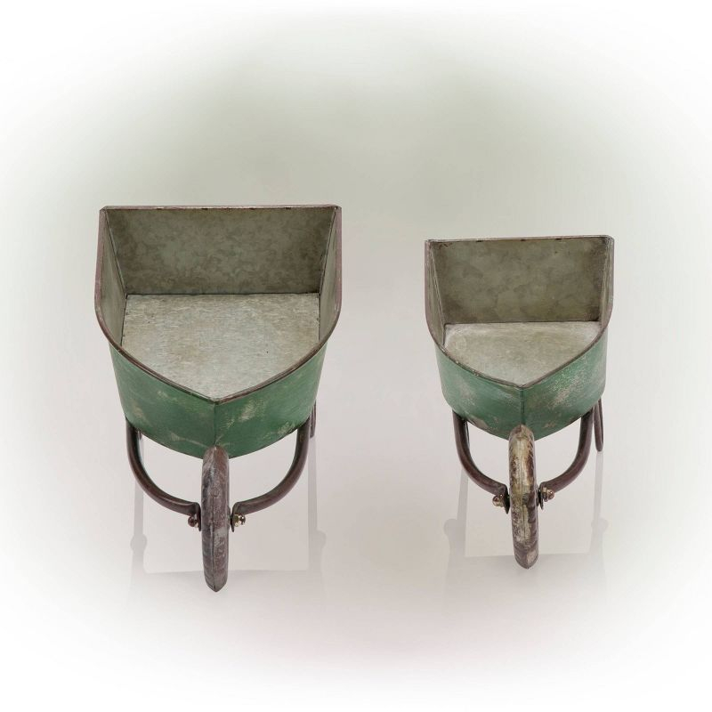 2pk Rustic Iron Wheelbarrow Garden Novelty Planter Green - Alpine Corporation