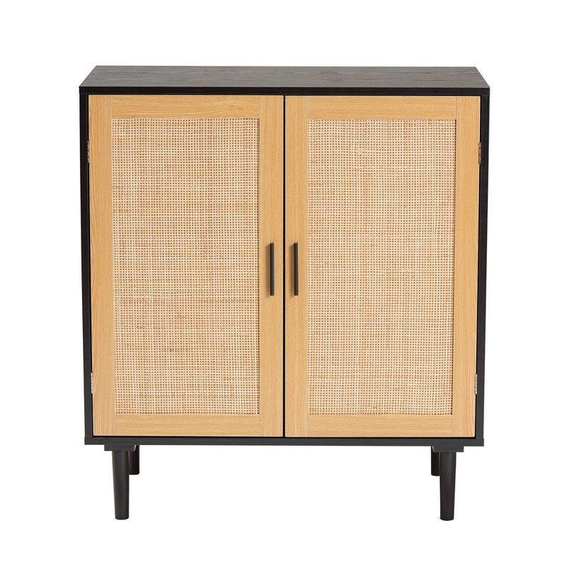 Baxton Studio Maureen Wood and Rattan 2 Door Storage Cabinet Espresso/Natural Brown : Bohemian Style, Particle Board Frame, 2 Shelves