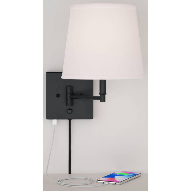 360 Lighting Lanett Modern Swing Arm Wall Lamps Set of 2 Black Plug-in Light Fixture with USB Charging Port White Lamp Shade for Bedroom Living Room