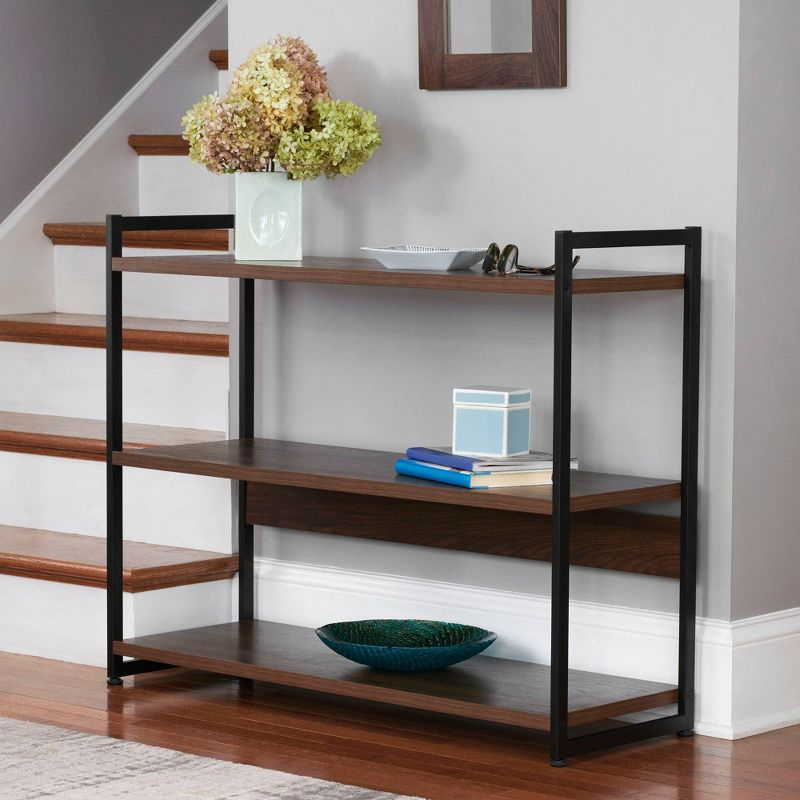 Household Essentials 32.5" Jamestown Wide 3 Shelf Bookshelf Walnut: Faux Wood, Iron Frame, Low Profile