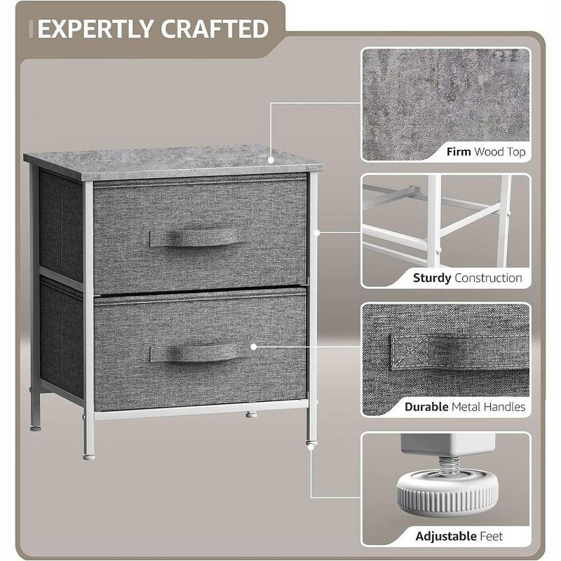 Sorbus Nightstand with 2 Drawers - Steel Frame, Wood Top & Easy Pull Fabric Bins - Great for Home, Bedroom, Office & College Dorm (Gray)