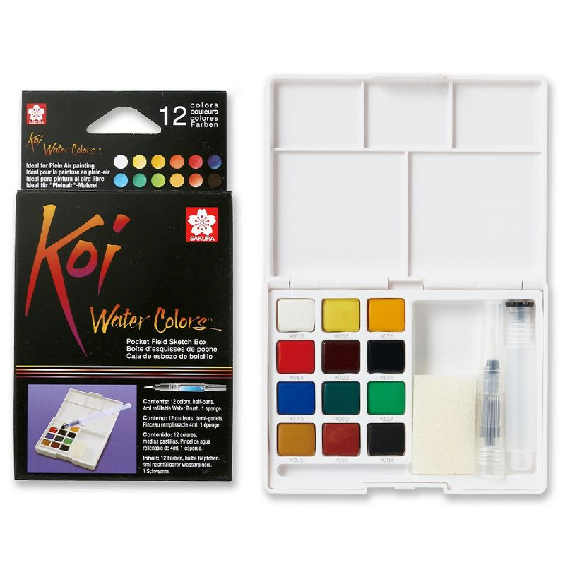 12-Colors Sakura Koi Watercolor Pocket Field Sketch Box Set: Art & Craft Kit for Kids, Includes Paint Brush, Safe for Ages 8+