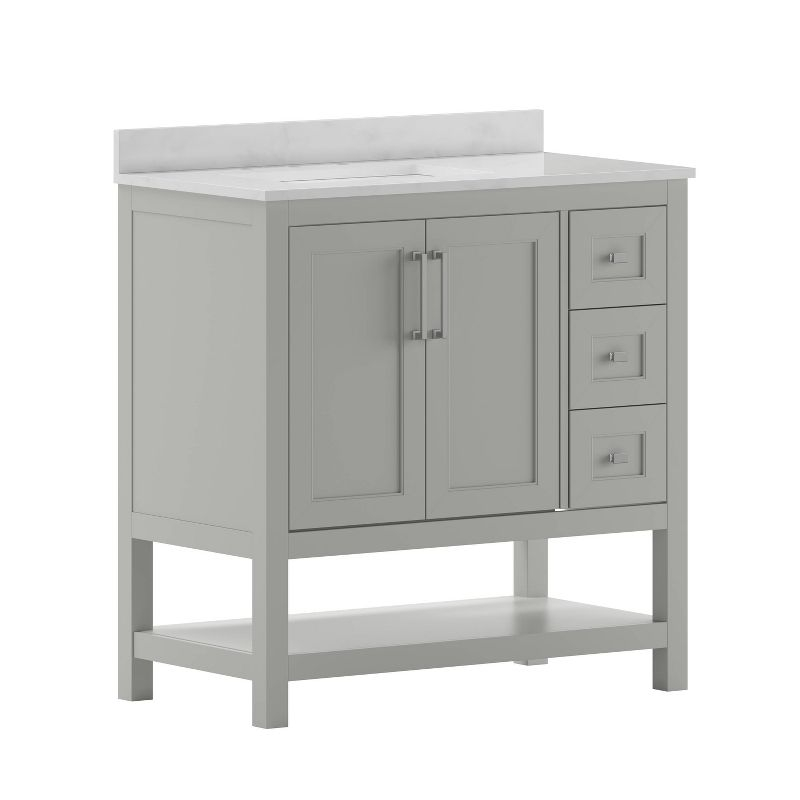Taylor & Logan 36" Vivien Bathroom Vanity with Open Shelf and 3 Drawers Gray: Stoneware Top, Wood Frame, Single Basin