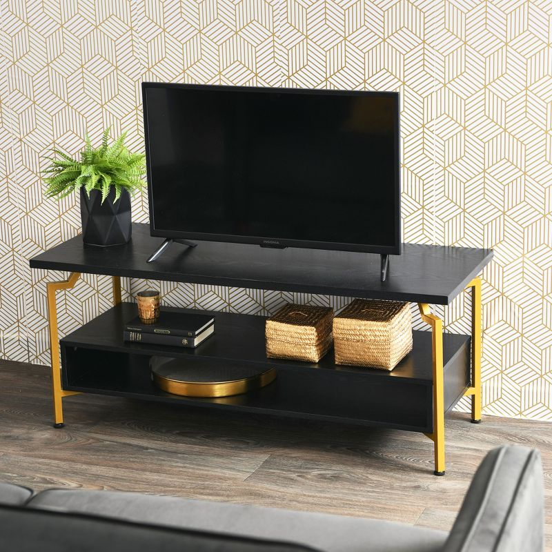 Household Essentials Crown TV Stand with Storage Compartment Black Oak Wood Grain and Gold Metal