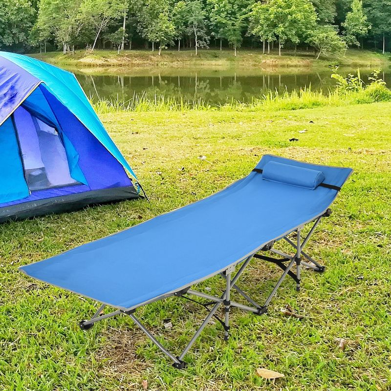 Folding Camping Cot Heavy-Duty Outdoor Cot Bed w/ Side Storage Pocket Blue