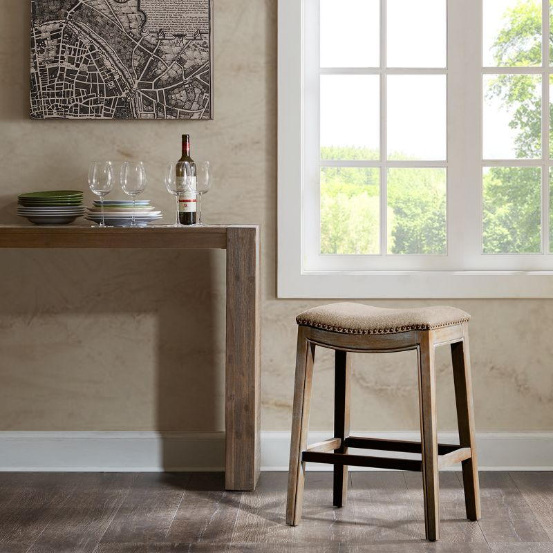 Madison Park Westley Saddle Counter Height Barstools Linen: 27" Upholstered, Wood Legs, 300 lbs Capacity