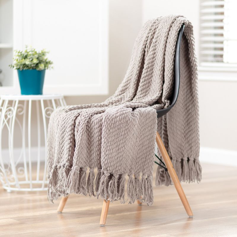 Chanasya Textured Knit Throw Blanket with Tassels - 50" x 65” - Taupe