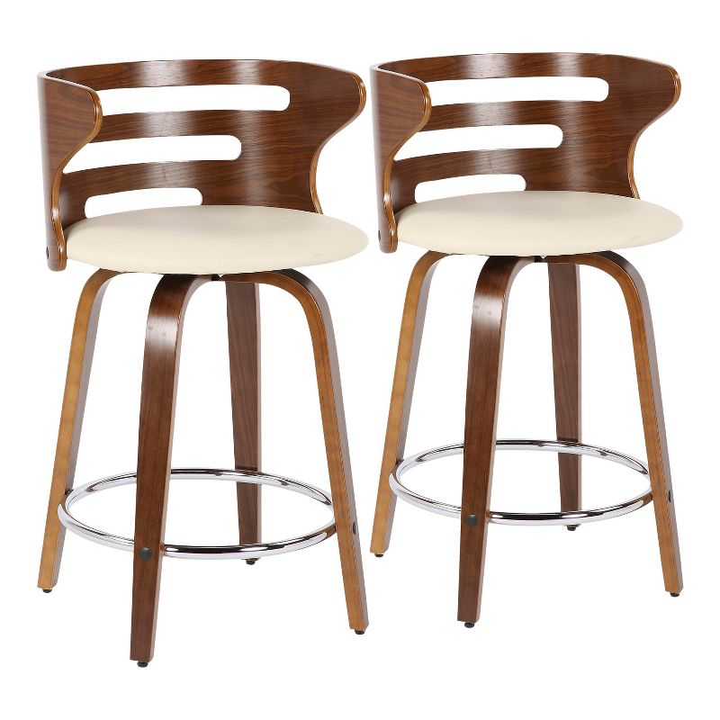 LumiSource Set of 2 Cosini Upholstered Counter Height Barstools Cream/Walnut: Swivel, Wood Legs, Faux Leather